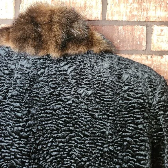 Cole B Black Faux Persian Lamb Teddy Jacket Fur Collar Lined Pockets NWOT Size M - Picture 6 of 7